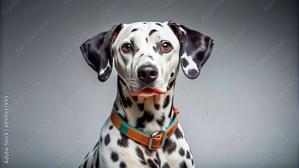 Adorable Dalmatian dog with distinctive white coat and black spots, wearing a colorful collar with a shiny name plate, sitting on a clean background. Adorable Dalmatian dog with distinctive white coat and black spots, wearing a colorful collar with a shiny name plate, sitting on a clean background.