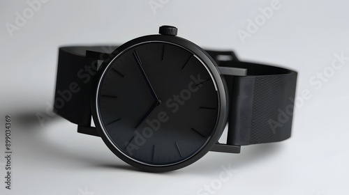 A stylish black face watch with a matching black band 