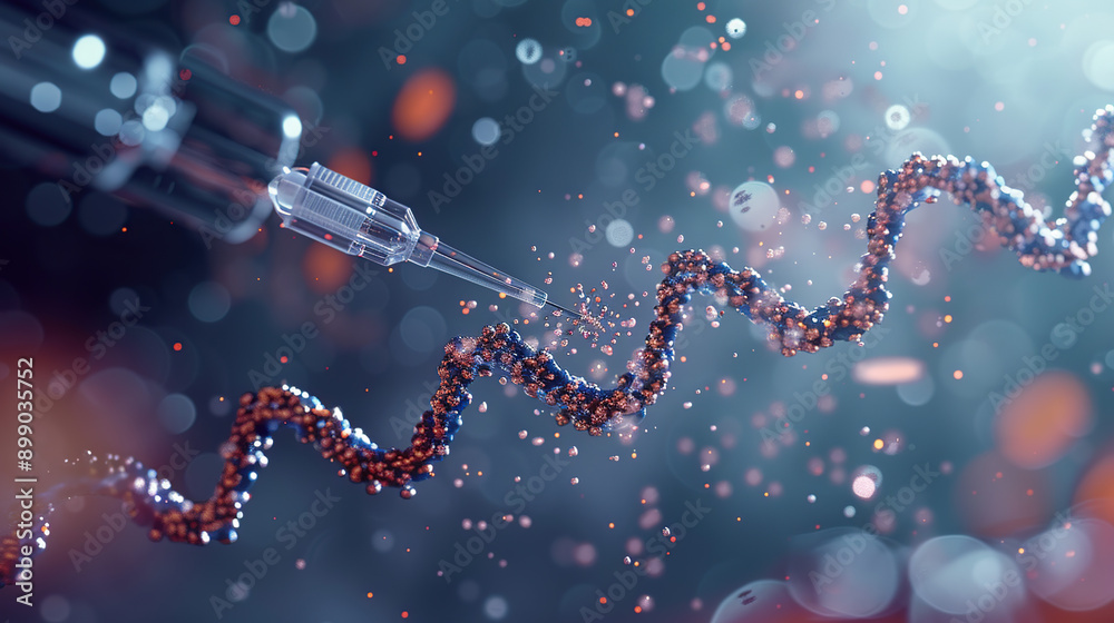 3d render of a cell-punching needle piercing the DNA 3d render of a cell-punching needle piercing the DNA