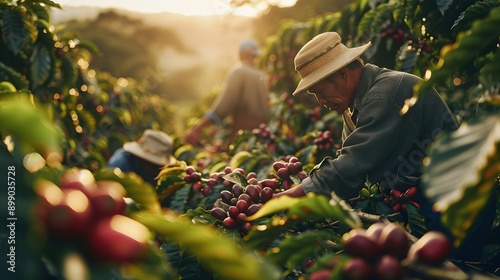 Team of workers harvesting ripe coffee cherries in plantation field surrounded by lush greenery. On focus old Vietnamese senior worker as picker wear hat and carry basket. Elderly farmer portrait