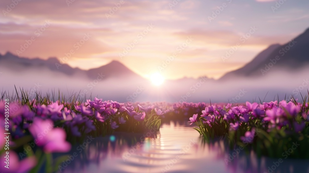 Enchanting scenery of a misty meadow at twilight, wildflowers peeking through the fog, a gentle stream flowing under a pale, glowing sky Enchanting scenery of a misty meadow at twilight, wildflowers peeking through the fog, a gentle stream flowing under a pale, glowing sky