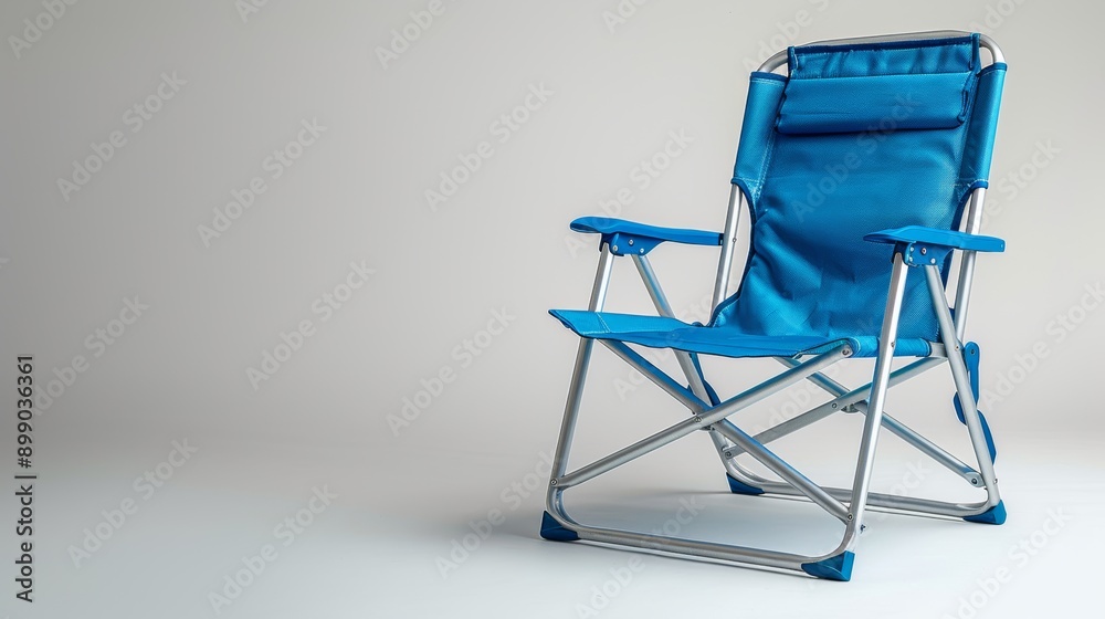Blue folding camping chair with aluminum frame on white background, perfect for outdoor adventures, summer vacations, and travels. Modern design with adjustable features, lightweight and durable Blue folding camping chair with aluminum frame on white background, perfect for outdoor adventures, summer vacations, and travels. Modern design with adjustable features, lightweight and durable