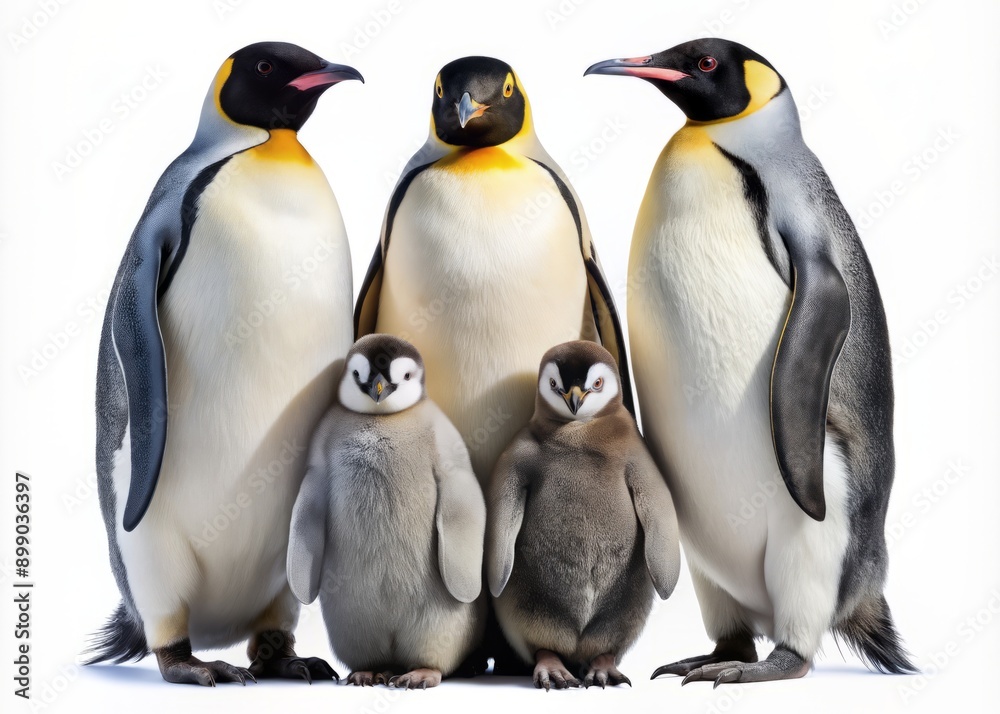 Fototapeta premium Majestic family of Emperor penguins, parents and chicks, stand together, isolated on a transparent background, showcasing their unique feathers and endearing expressions.