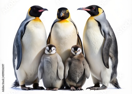 Majestic family of Emperor penguins, parents and chicks, stand together, isolated on a transparent background, showcasing their unique feathers and endearing expressions. © Caitlin