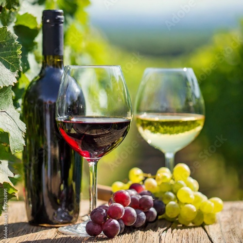 Wine still-life. Bottles of wine, glasses of wine and grapes on wooden table and blurred vineyard at the background.