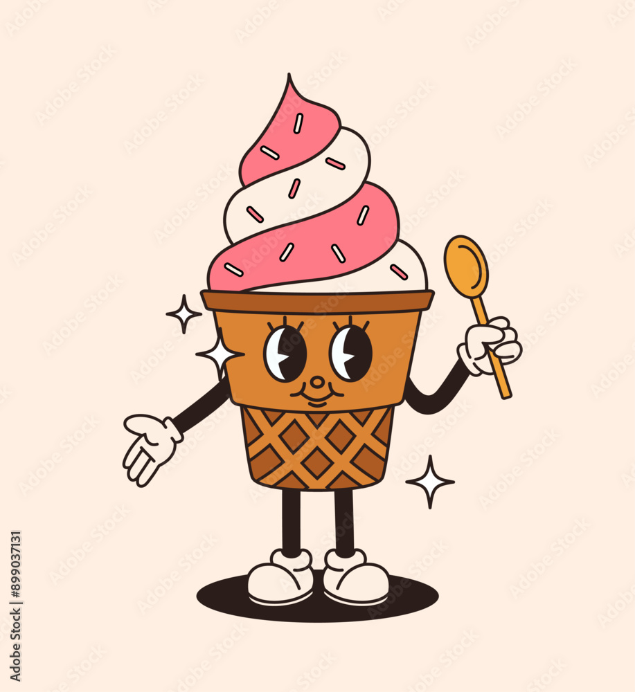 Retro style cartoon ice cream character. Flat vector illustration.