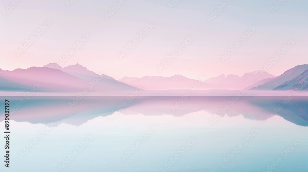 Fototapeta premium Tranquil lake surrounded by misty mountains, gentle fog rolling over the water, serene and quiet, pastel sunrise colors, magical and calming ambiance