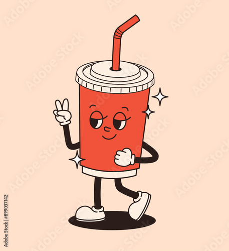 Retro style cartoon soda character. Flat vector illustration.