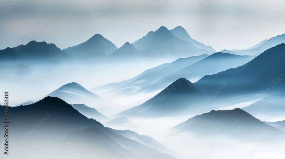 Mystical, foggy mountain range with serene valleys, bathed in soft light, creating a tranquil and dreamy landscape, the peaks shrouded in an ethereal mist Mystical, foggy mountain range with serene valleys, bathed in soft light, creating a tranquil and dreamy landscape, the peaks shrouded in an ethereal mist
