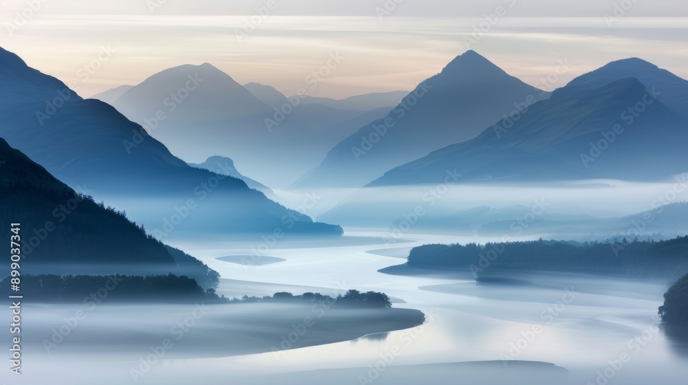 Expansive panorama of a mist-covered valley with winding rivers, majestic mountains in the background, soft pastel colors and a dreamlike quality Expansive panorama of a mist-covered valley with winding rivers, majestic mountains in the background, soft pastel colors and a dreamlike quality