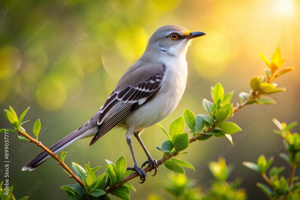 A majestic northern mockingbird perches on a lush green branch, its gray and white feathers glistening in the warm sunlight filtering through the forest canopy. A majestic northern mockingbird perches on a lush green branch, its gray and white feathers glistening in the warm sunlight filtering through the forest canopy.