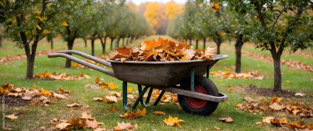 A wheelbarrow filled with colorful autumn leaves in a serene orchard, ideal for seasonal gardening and fall cleanup activities. A wheelbarrow filled with colorful autumn leaves in a serene orchard, ideal for seasonal gardening and fall cleanup activities.