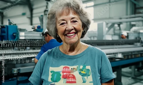 Medium shot portrait video of a grinning woman in her 60s that is wearing a fun graphic tee against a busy factory assembly line with workers background photo