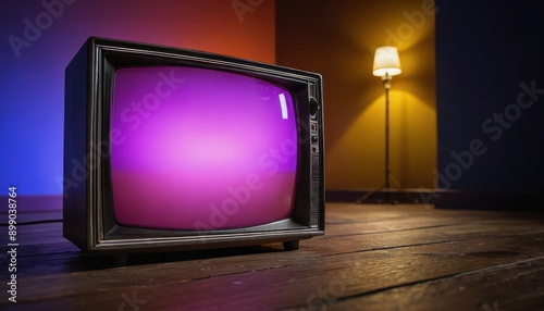 Vintage Television Set With Purple Screen and Warm Lighting. photo