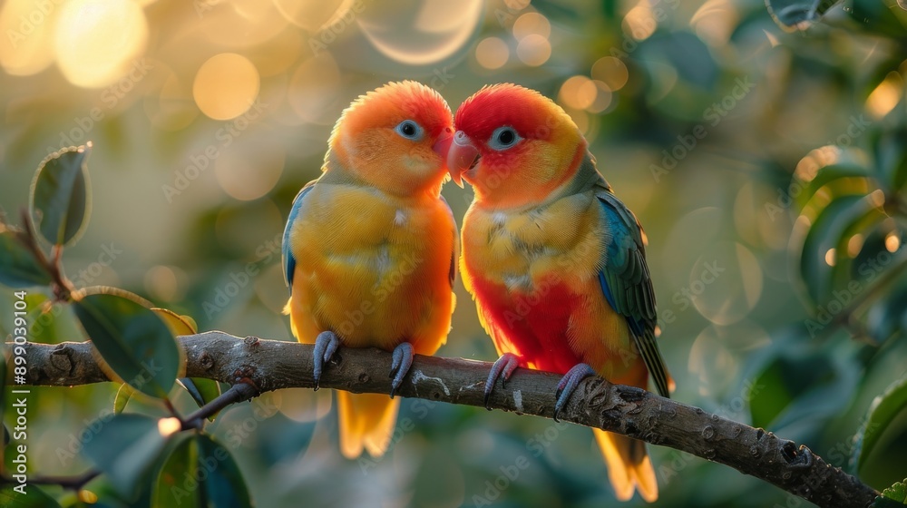 Two colorful lovebirds are showing affection to each other while perched on a tree branch Two colorful lovebirds are showing affection to each other while perched on a tree branch