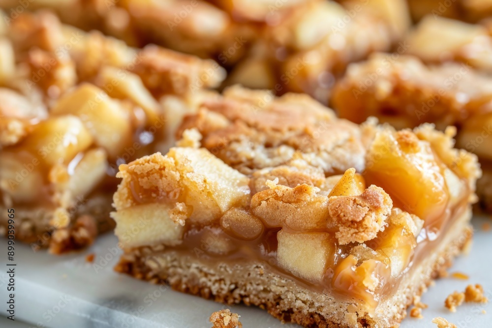 Close Up of Gooey Apple Crumble Bars on Marble Surface Close Up of Gooey Apple Crumble Bars on Marble Surface
