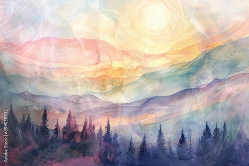 dreamy pastel landscape swirling watercolor sky abstract trees softedged mountains ethereal light delicate brushstrokes muted rainbow palette textured paper background photo