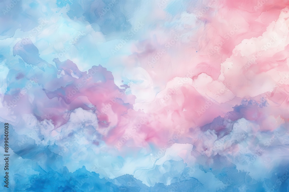 Fototapeta premium dreamy watercolor wash blending soft pastel pink and tranquil sky blue creating a soothing ethereal backdrop reminiscent of a serene sunset