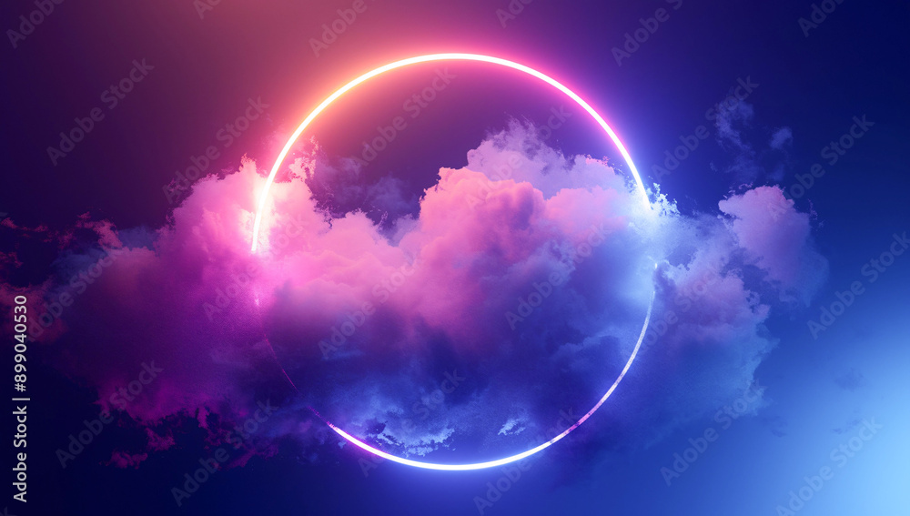 Glowing round frame abstract neon light ring on dark sky white cloud. Glowing round frame abstract neon light ring on dark sky white cloud.
