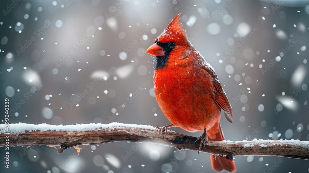 Bright red cardinal perching on a snow covered branch while snowflakes are falling Bright red cardinal perching on a snow covered branch while snowflakes are falling