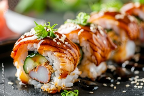 Close-up of Delicious Japanese Eel Sushi Rolls