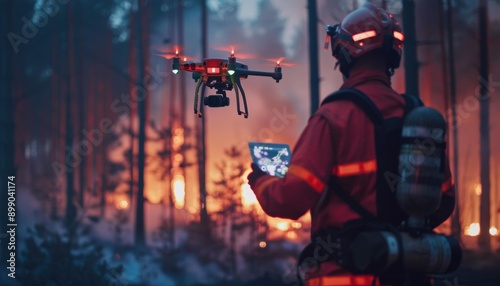 A firefighter uses a drone to assess a forest fire. AI.