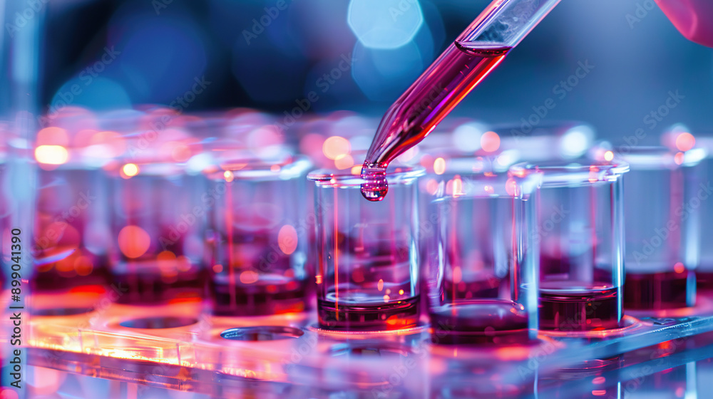 Close up of a biotech test tube with a pipette over a computer screen displaying DNA and biolynk symbols Close up of a biotech test tube with a pipette over a computer screen displaying DNA and biolynk symbols