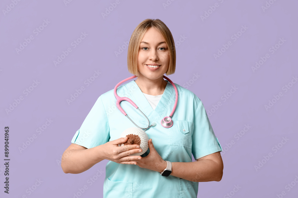 Mature happy female doctor with stethoscope and knitted model of breast on purple background. Breast feeding concept Mature happy female doctor with stethoscope and knitted model of breast on purple background. Breast feeding concept