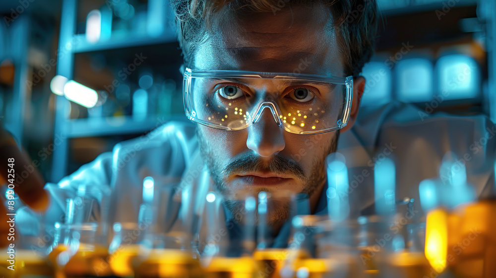 A close-up shot of a scientist wearing protective gear and goggles in a laboratory A close-up shot of a scientist wearing protective gear and goggles in a laboratory