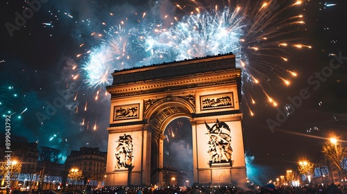 New Year fireworks display over the Arc de Triomphe in Paris. France
 photo