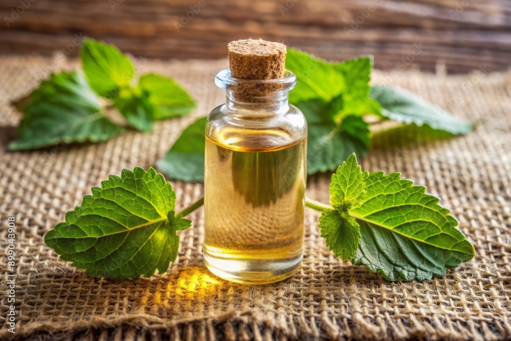 Earth-toned burlap backdrop showcases a small, rustic wooden bottle filled with golden patchouli essential oil, surrounded by dried patchouli leaves and a few sprigs of greenery. Earth-toned burlap backdrop showcases a small, rustic wooden bottle filled with golden patchouli essential oil, surrounded by dried patchouli leaves and a few sprigs of greenery.