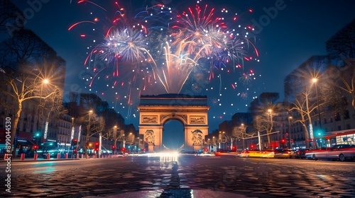 New Year fireworks display over the Arc de Triomphe in Paris. France
 photo