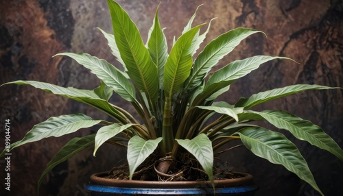 Green Plant in Pot with Dark Background.