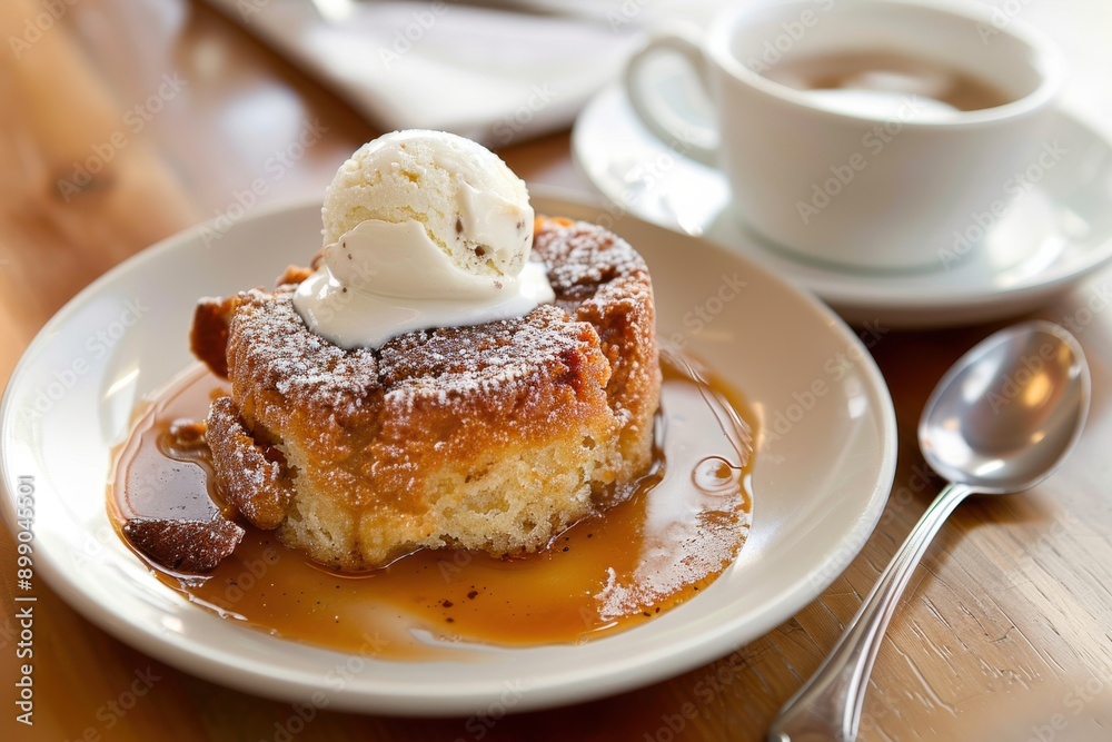 A close-up of a delicious South African Malva pudding, served warm with a scoop of vanilla ice cream and drizzled with caramel sauce. A close-up of a delicious South African Malva pudding, served warm with a scoop of vanilla ice cream and drizzled with caramel sauce.