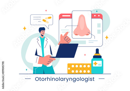 Vector Illustration of an Otorhinolaryngologist in a Healthcare Setting, Relating to Medical Issues of the Ear, Nose and Throat in a Flat Background