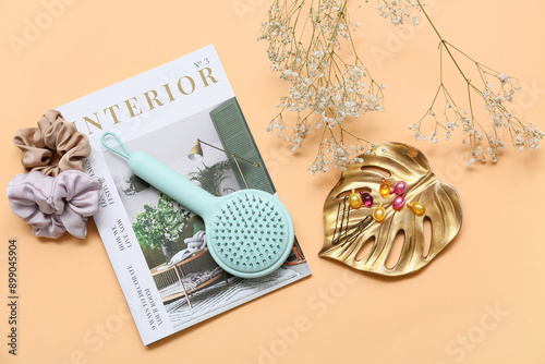 Magazine with hair brush, s...