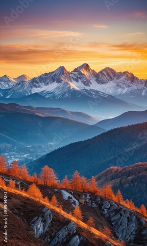 Majestic Mountain Range at Sunset with Golden Light.