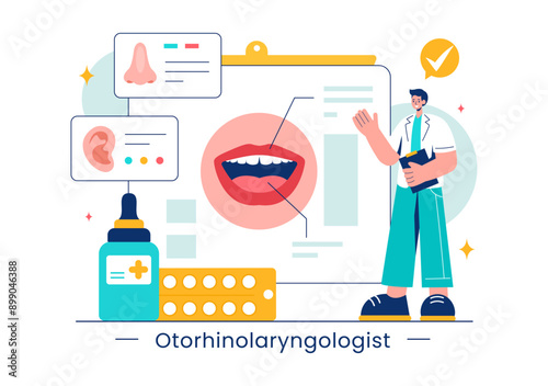 Vector Illustration of an Otorhinolaryngologist in a Healthcare Setting, Relating to Medical Issues of the Ear, Nose and Throat in a Flat Background