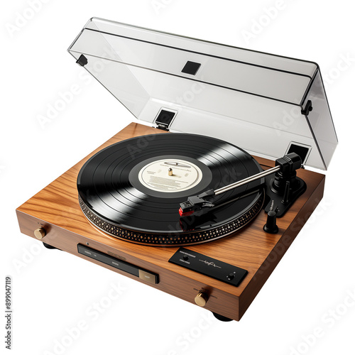 Wooden Vinyl Record Player Isolated On White Background photo