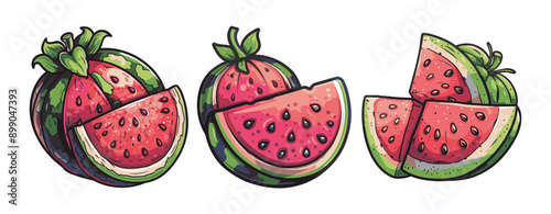Watermelon sliced into two wedges with black seeds illustration cartoon print ,generative ai