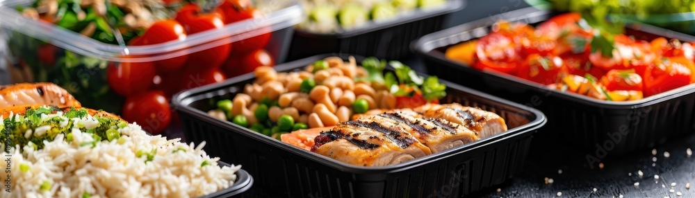 Colorful meal prep containers filled with fresh vegetables, grilled chicken, and rice, perfect for healthy eating and convenience. Colorful meal prep containers filled with fresh vegetables, grilled chicken, and rice, perfect for healthy eating and convenience.