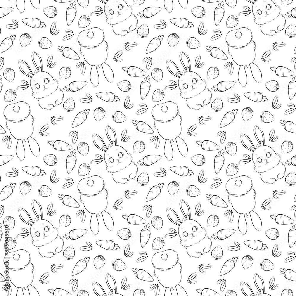 Cute bunny with carrot, leaves, and strawberry pattern cartoon coloring page, can be used for wallpaper, fabric, wrapping design