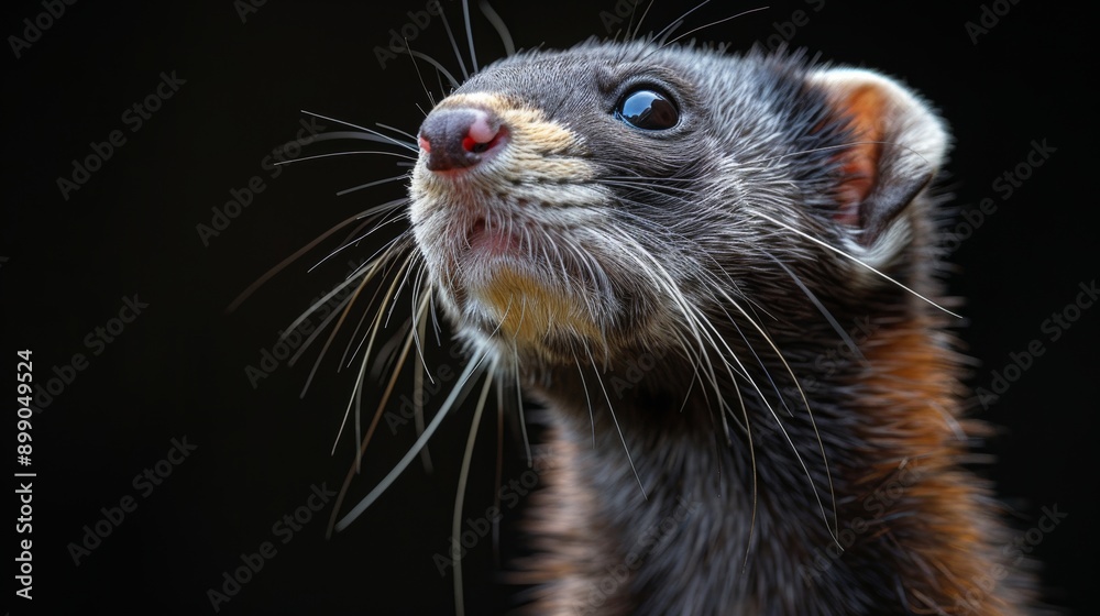 Curious polecat ferret gazing upwards against dark background, looking adorable and attentive, creating captivating image with copy space Curious polecat ferret gazing upwards against dark background, looking adorable and attentive, creating captivating image with copy space