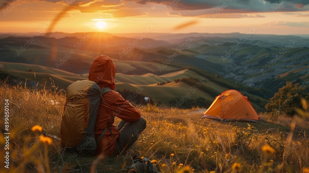 Fototapeta premium lone camper sitting by a tent on a hillside, overlooking a vast valley with rolling hills and a sunrise