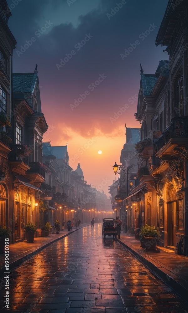 Fototapeta premium Cobblestone Street at Sunset in Old Town.
