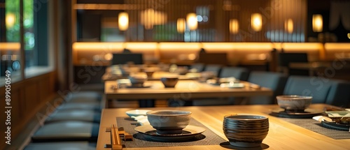 A photo of the clean, organized and warm atmosphere of a high-end Japanese restaurant photo