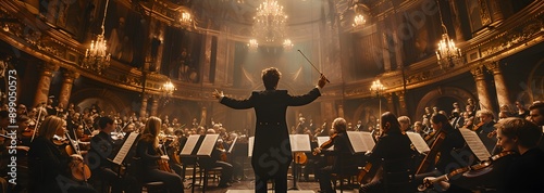 In a large, luxurious and old-fashioned opera house, large ensemble members play various instruments under the conductor's direction.