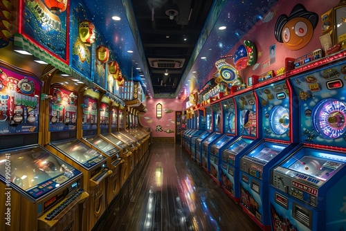 Photo of colorful pachinko machines lined up left and right in Las Vegas. photo