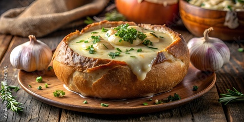 French Onion Soup in a Bread Bowl  A close up of a French onion soup in a bread bowl with melted cheese and herbs on top Generat