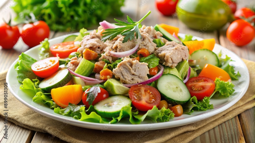 Vibrant display of fresh tuna salad atop mixed greens with cherry tomatoes, cucumbers, and carrots on a crisp white plate. Vibrant display of fresh tuna salad atop mixed greens with cherry tomatoes, cucumbers, and carrots on a crisp white plate.